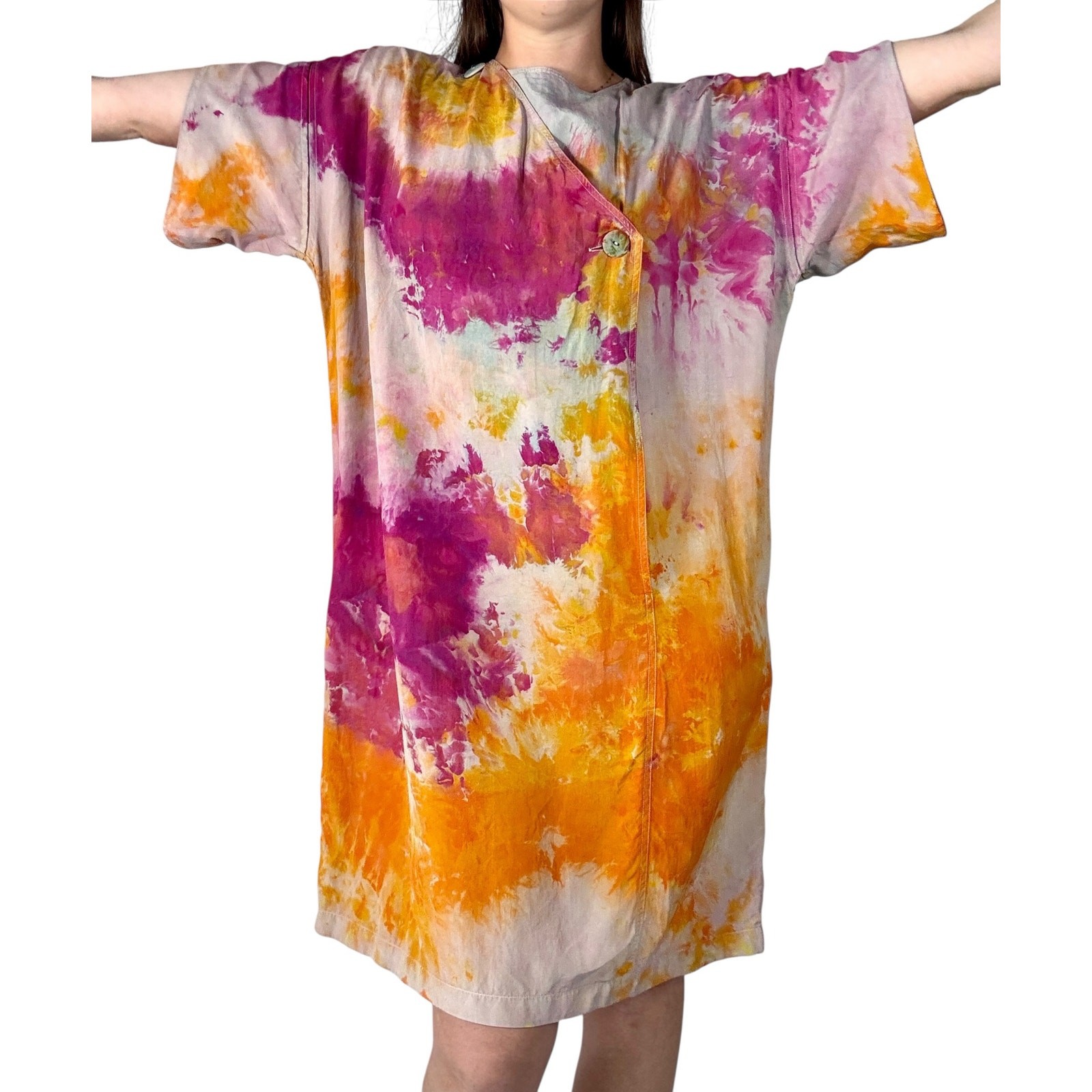 Hand Dyed Vintage 80s Lzinga Silk Shift Dress Orange Magenta Ice Dye Wood Button