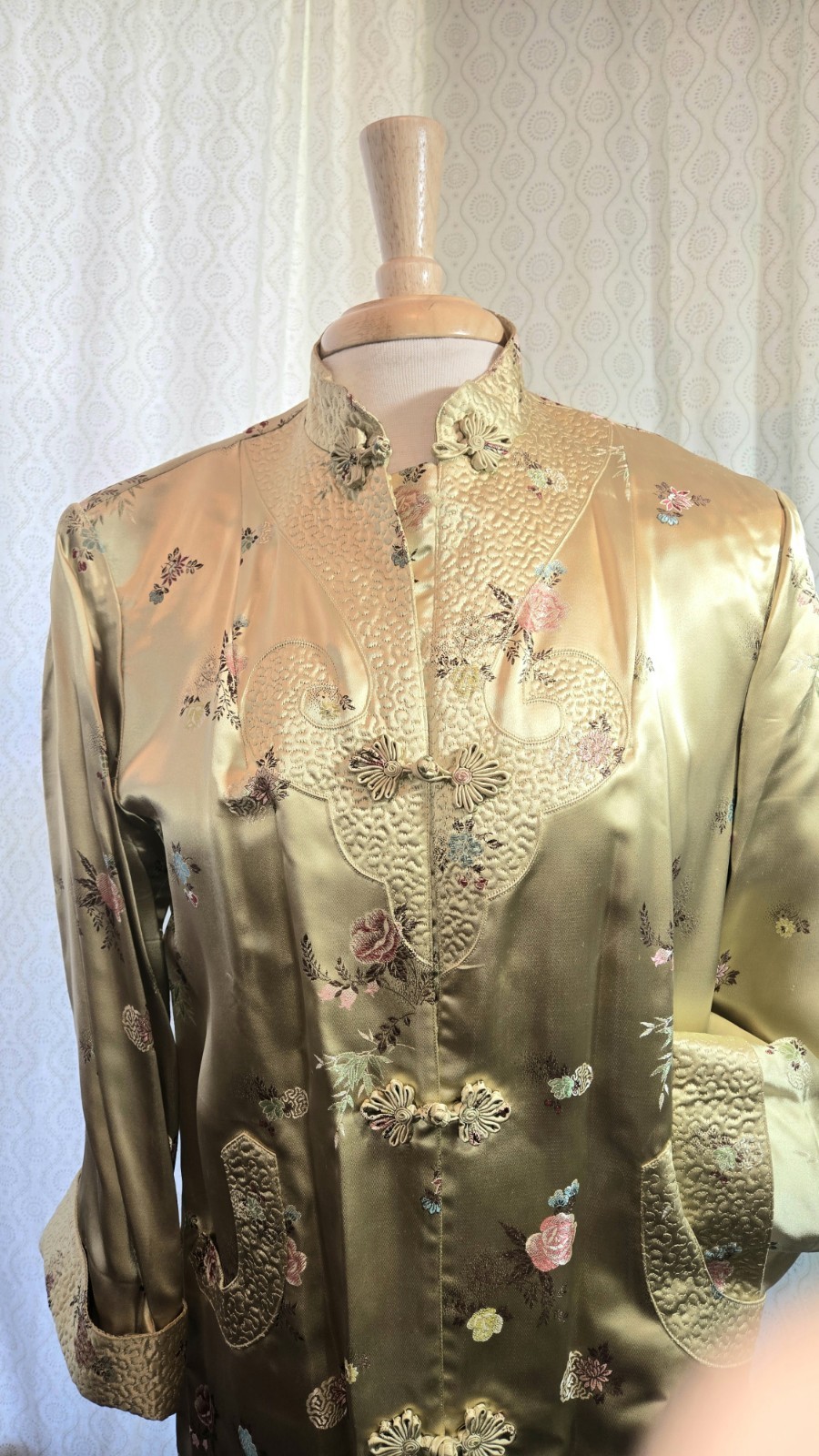 Chinese Brocade Embroidered Satin Frog Knots Long Duster Coat Tangzhuang 38 M