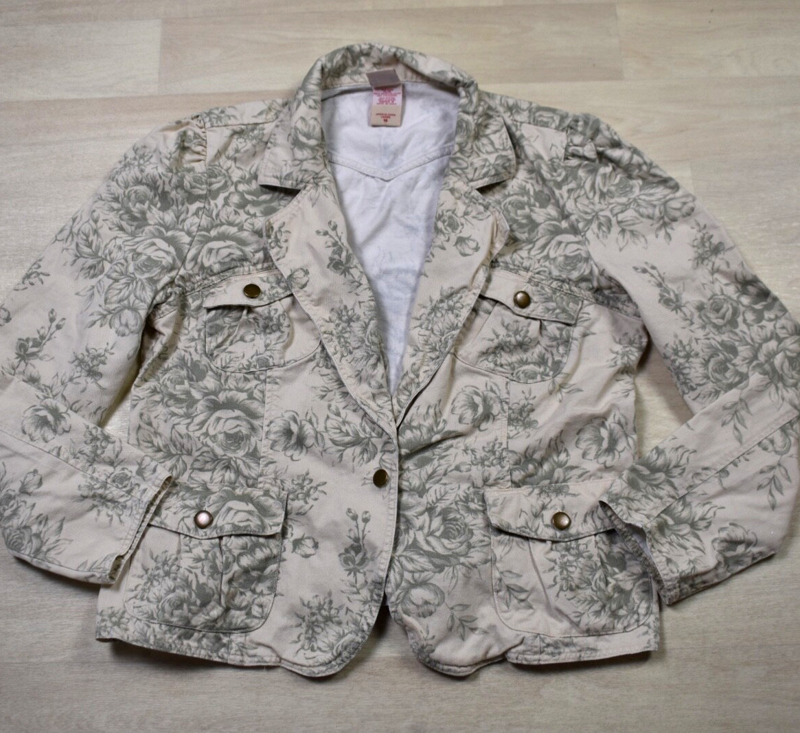 90s Y2K Faded Glory Denim Floral Jacket Beige Green Boho Size 16 VTG