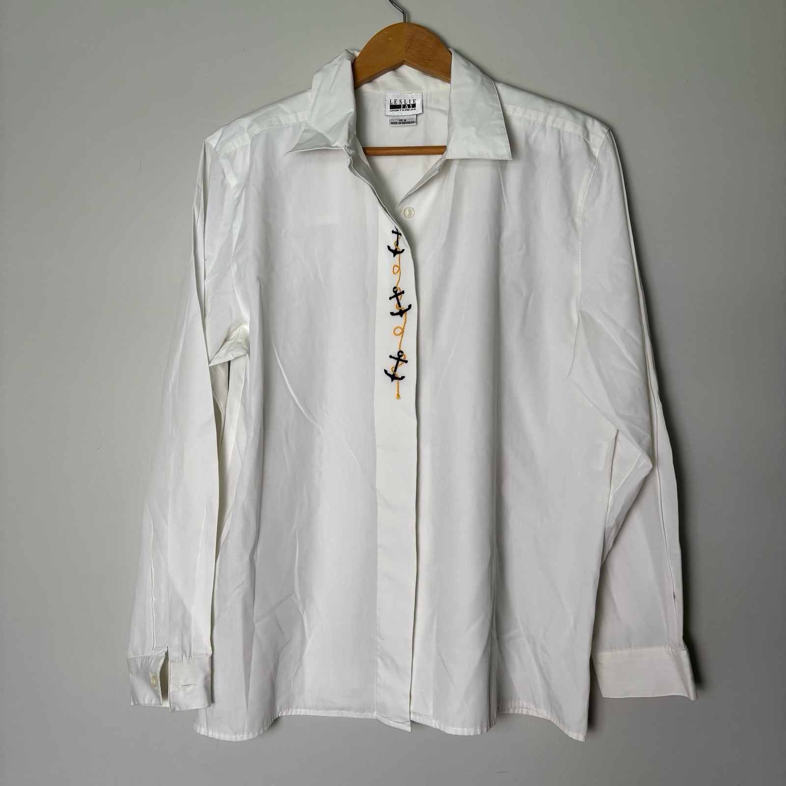 VTG Leslie Fay Embroidered Anchors/Rope Long Sleeve Button Down Shirt-Size 16