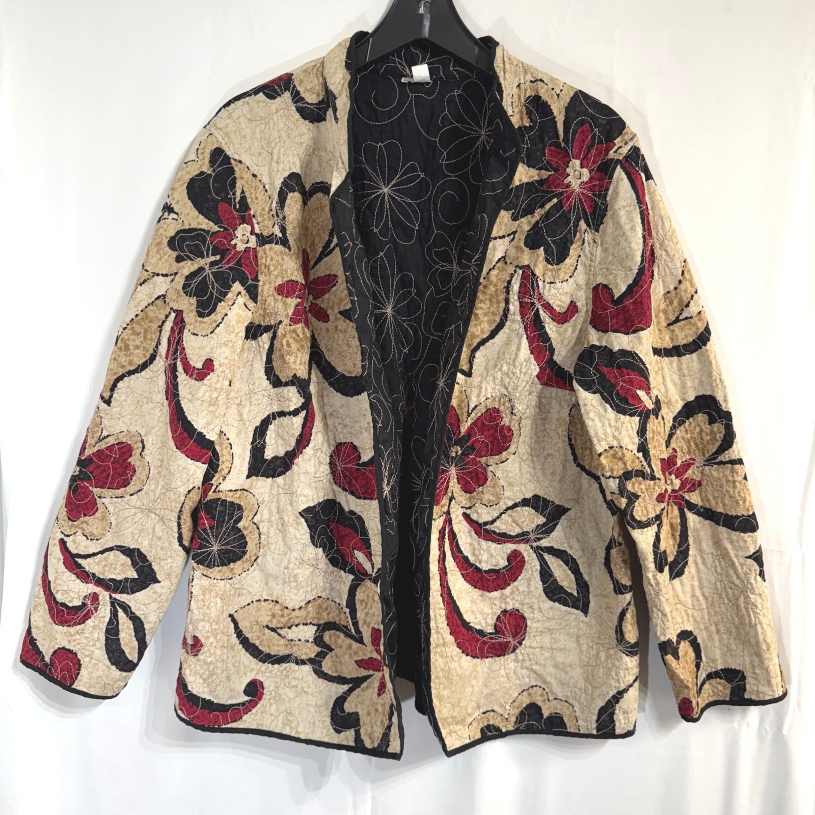 VTG Alfred Dunner Quilted Jacket 22W 2X Floral Black Red Cotton Boho Flaw