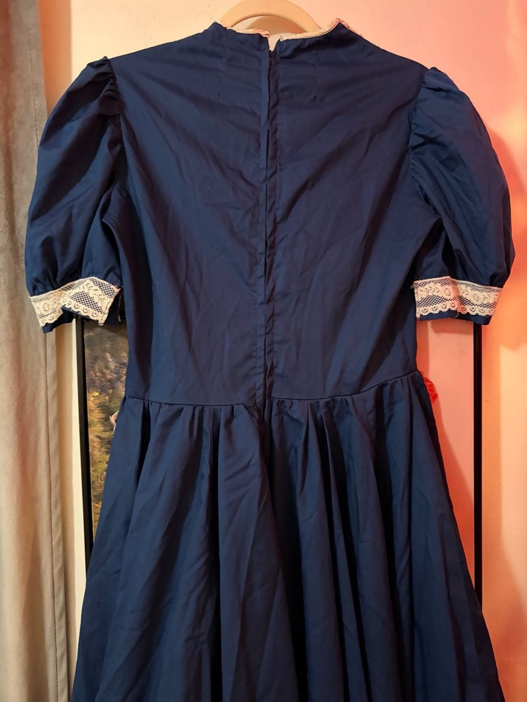 Vintage 1970s/80s Prairie Style Dress in Navy Blue with Cream Lace Overlay