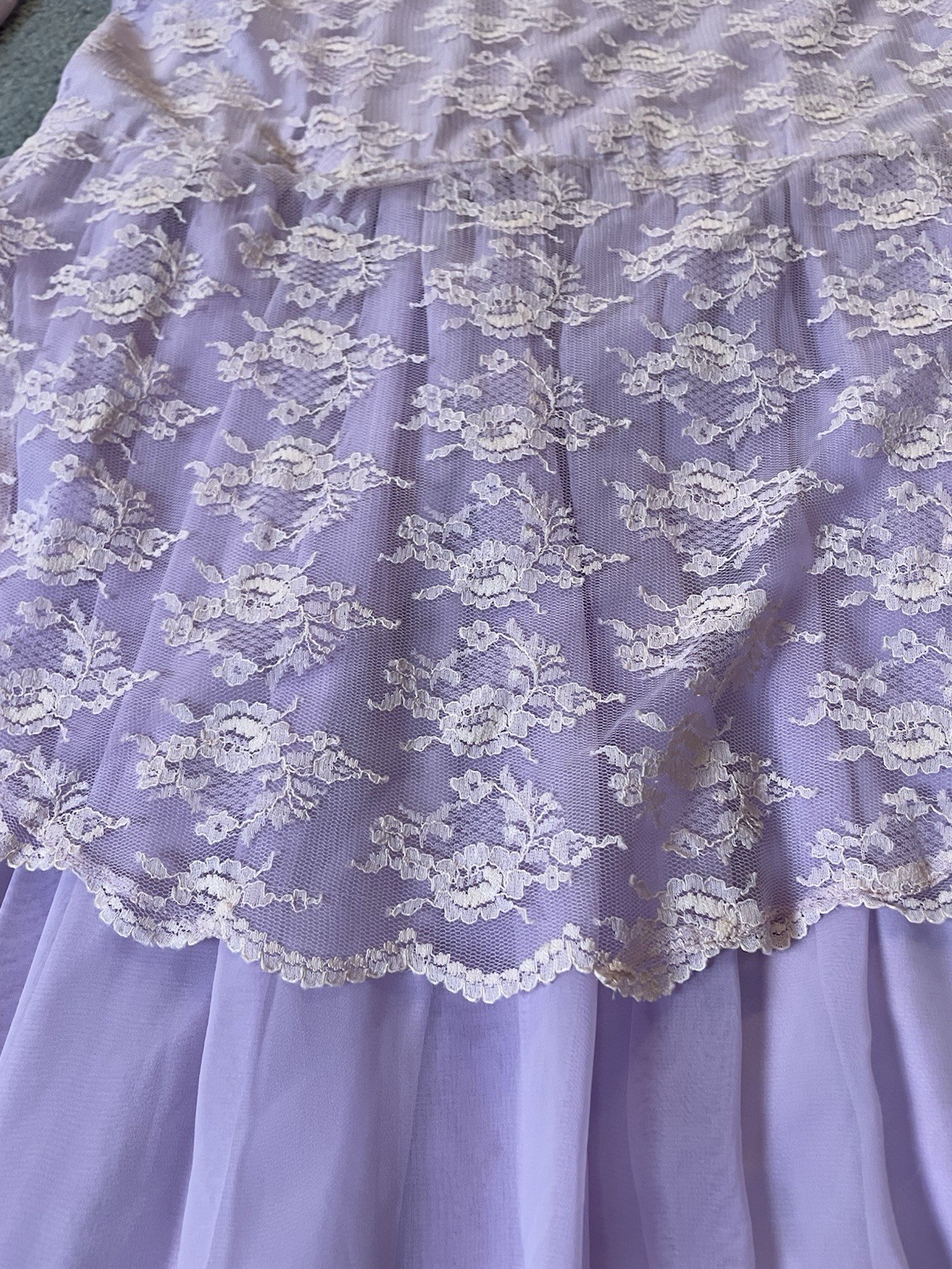 Vtg 70s Handmade Victorian Maxi Dress Sz L Lavender Floral Lace Overlay Prairie