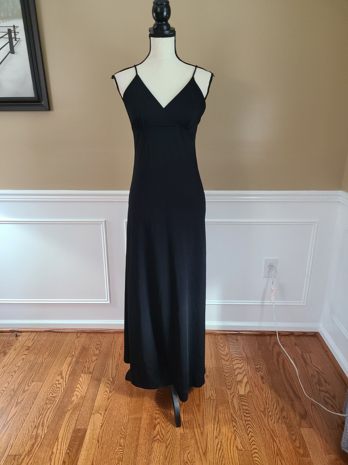Vintage Black Maxi Dress Spaghetti Strap Polyester Gown FRITZI California 9/10