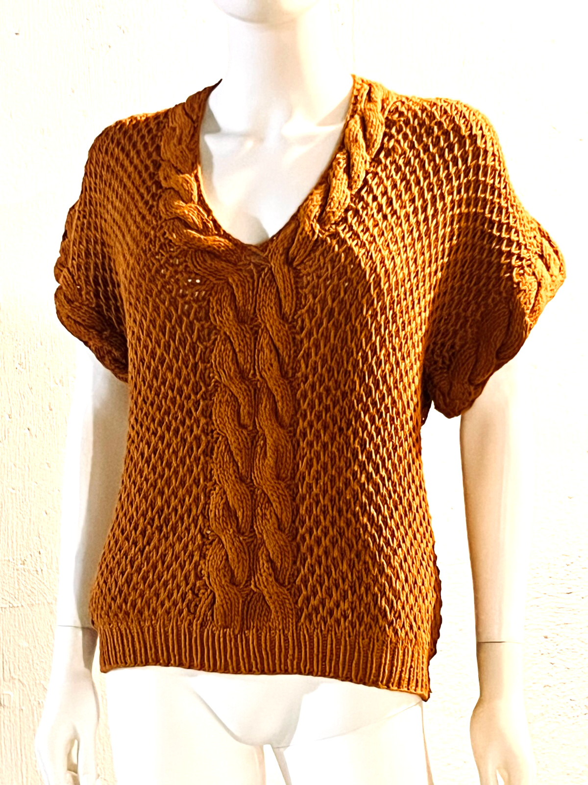 Vtg C1980s Evan-Picone Hand Knit, Cotton,V Neck,Brown Rust Copper Sweater Top, L