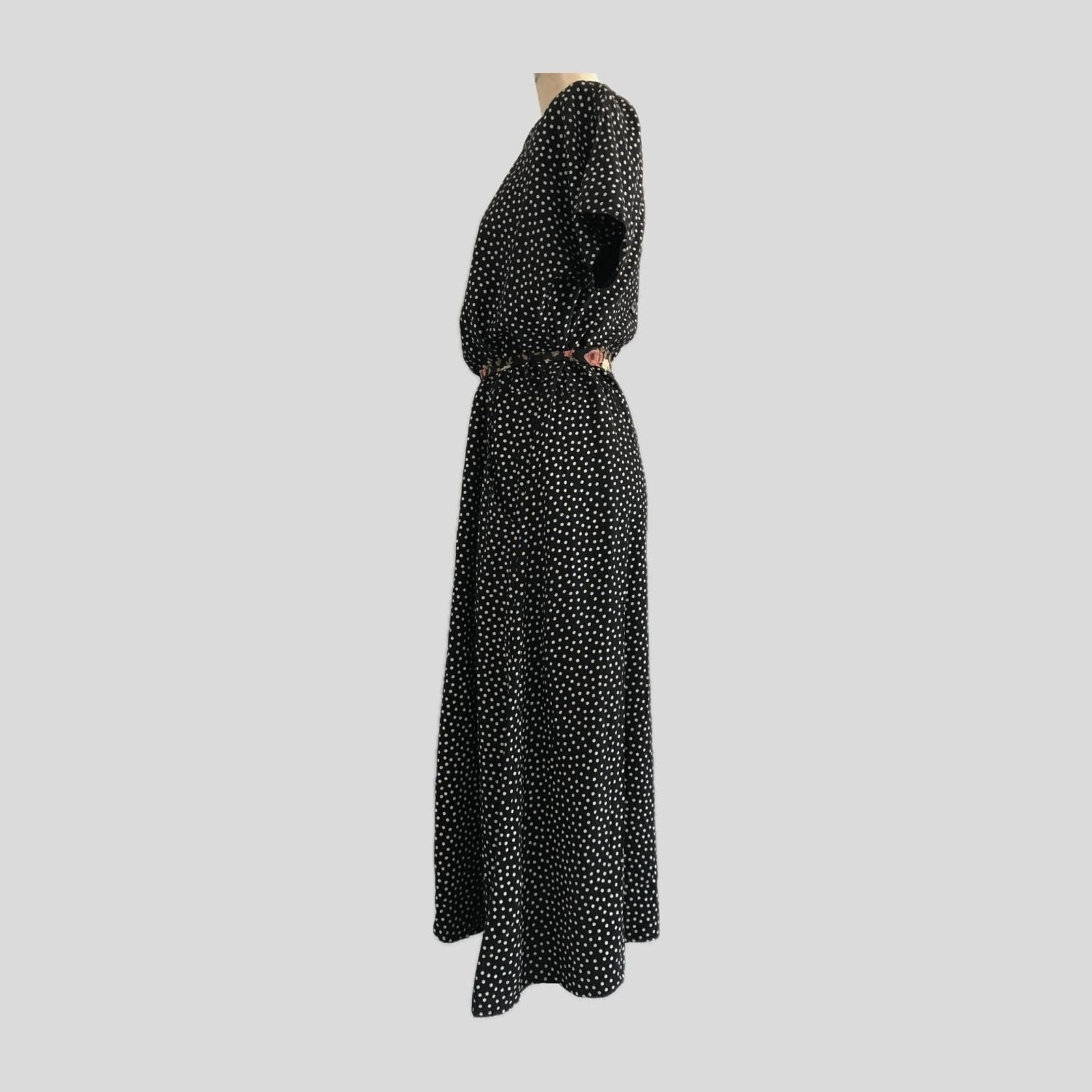 Vintage 1980s Black Polka Dot Pleated Short Sleeve Midi Dress, Womens Size M/L