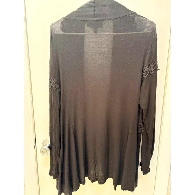 Antthony Black Open Front Cardigan Knit Sweater Women Lace Trim Boho Lightweight