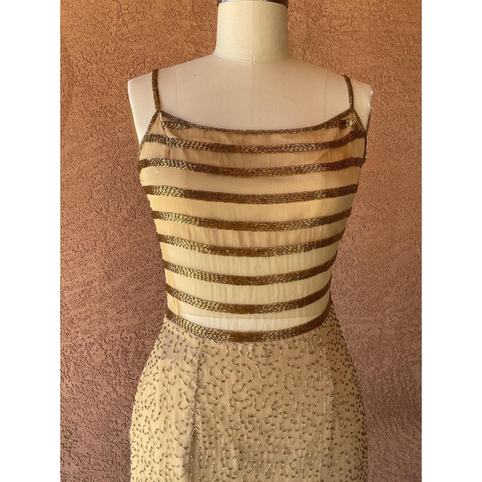 NWT Vintage 90s Gold Silk Beaded Column Gown with Front Slit, Deadstock