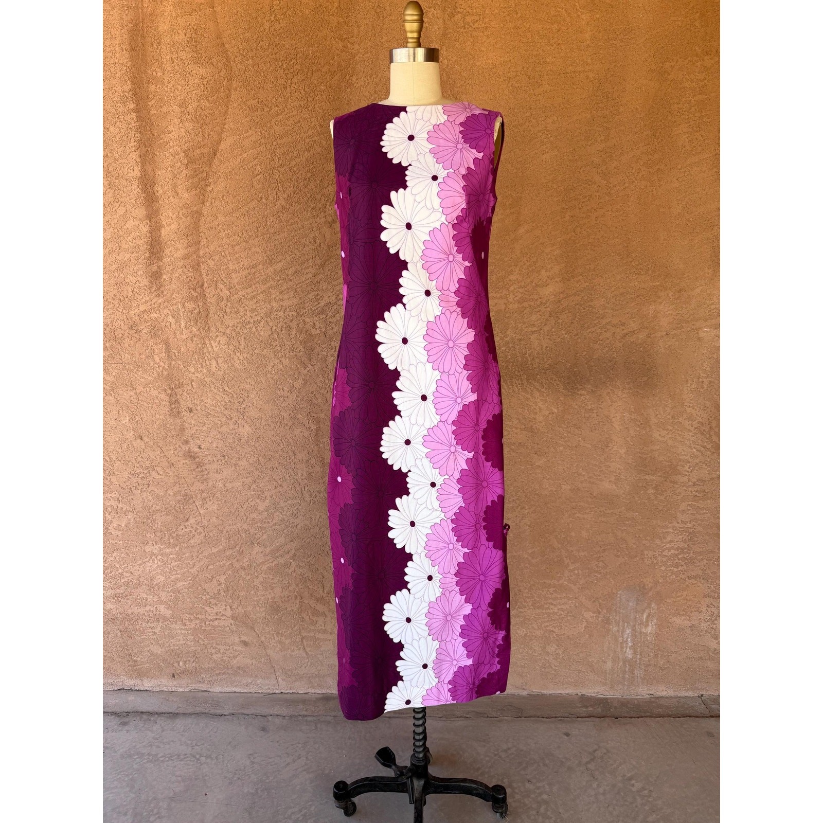 Vintage 1960s–70s Lauhala Hawaiian Maxi Dress Made in Hawaii Purple Floral Mod