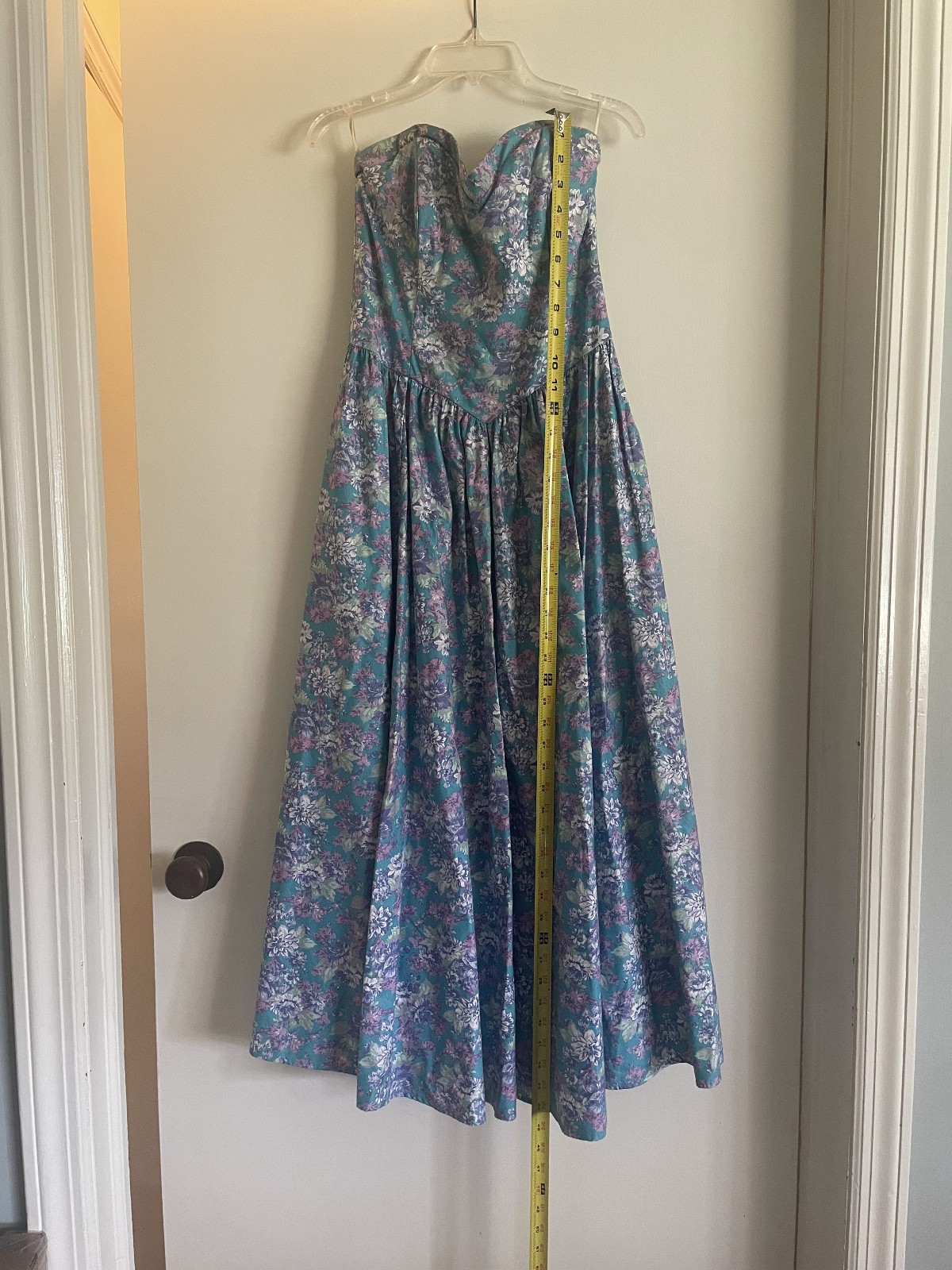 Laura Ashley Vintage 90s Floral Strapless Dress Aqua Purple US Sz 10 runs small