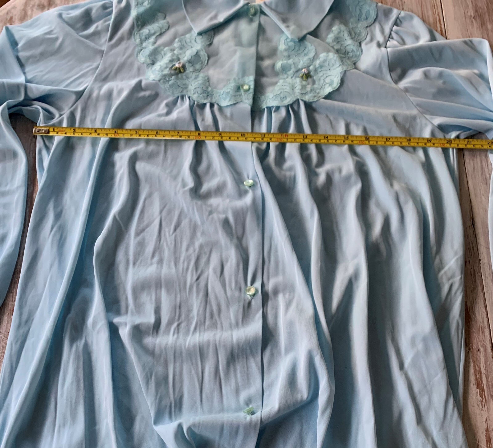 Vtg Blue Nylon Button Front Lace Flowers Robe House Coat Texsheen NEW – Sz L
