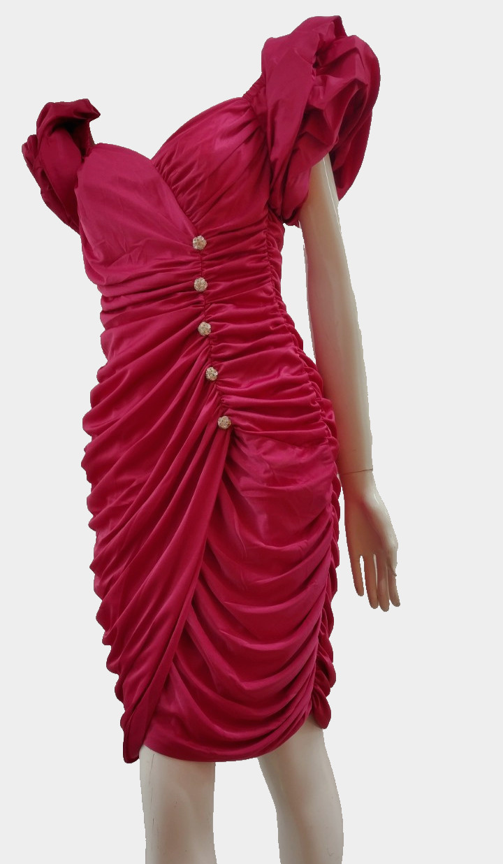 1980s Couture Dress Pink Fuchsia Balloon Sleeve Rhinestone Buttons SAMIR 80s M