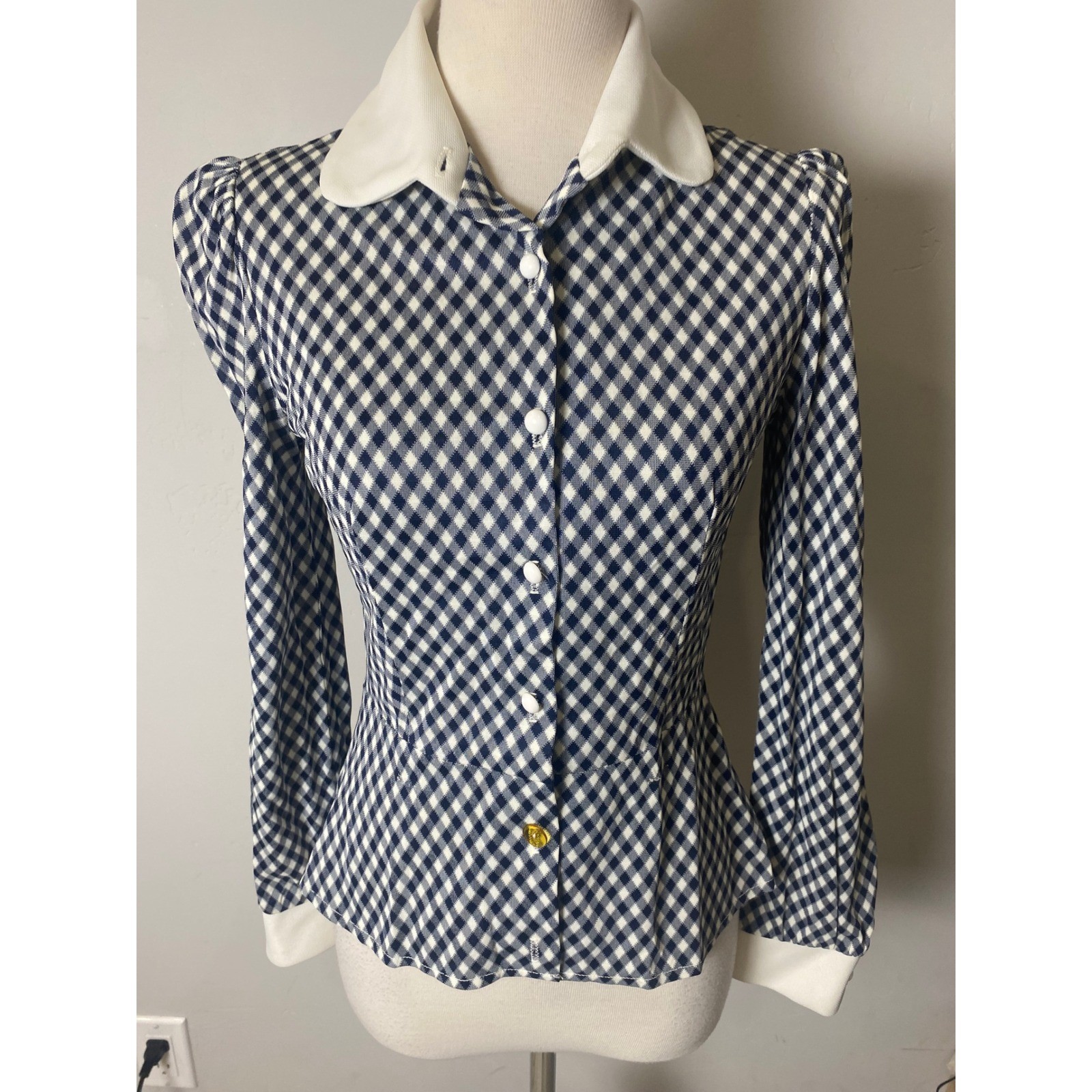 Vintage 40&rsquo;s/50&rsquo;s Navy White Gingham Plaid Collar Peplum Top long sleeve