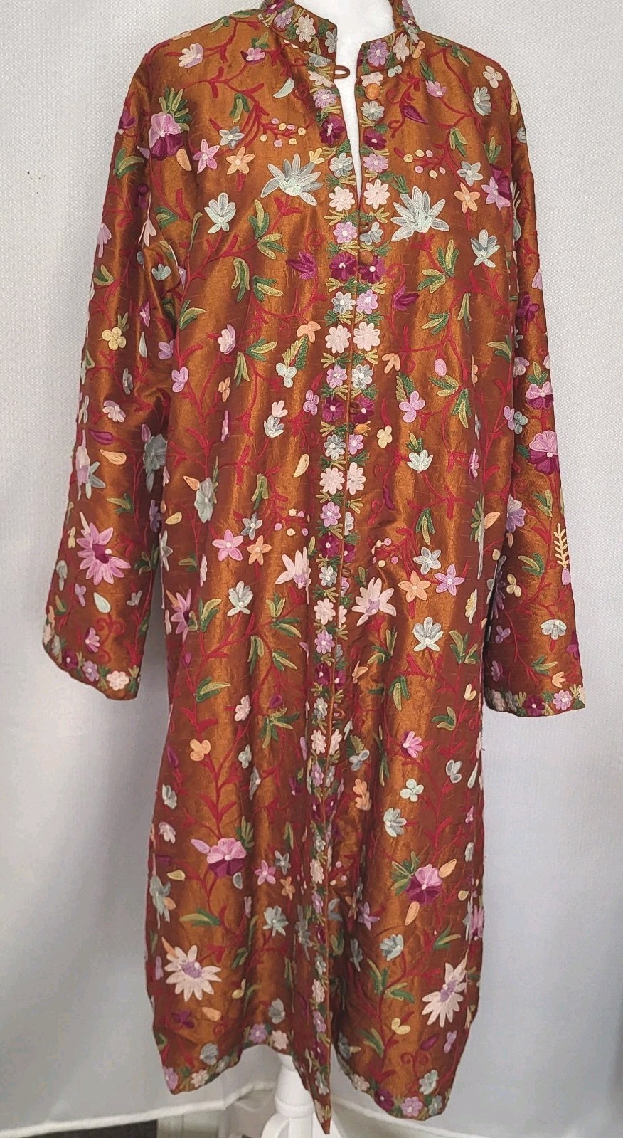 Vintage Long Kashmiri Aari Crewel Embroidered Copper Silk Jacket Floral Size L