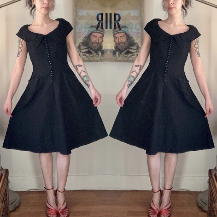 Vintage 1950s Women&rsquo;s Button front lace detail black Carlye Dress Rockabilly