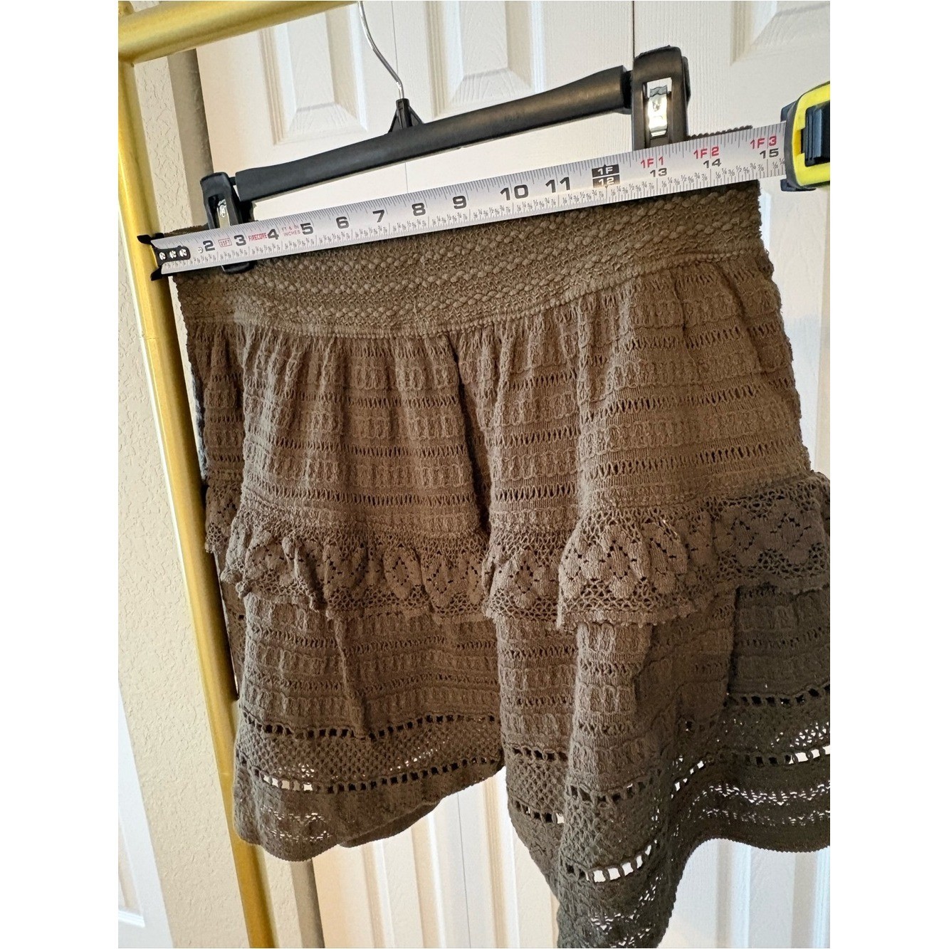 Crochet Mini Skirt Cotton Ruffled Olive Green Cottagecore Feminine Grunge Size L