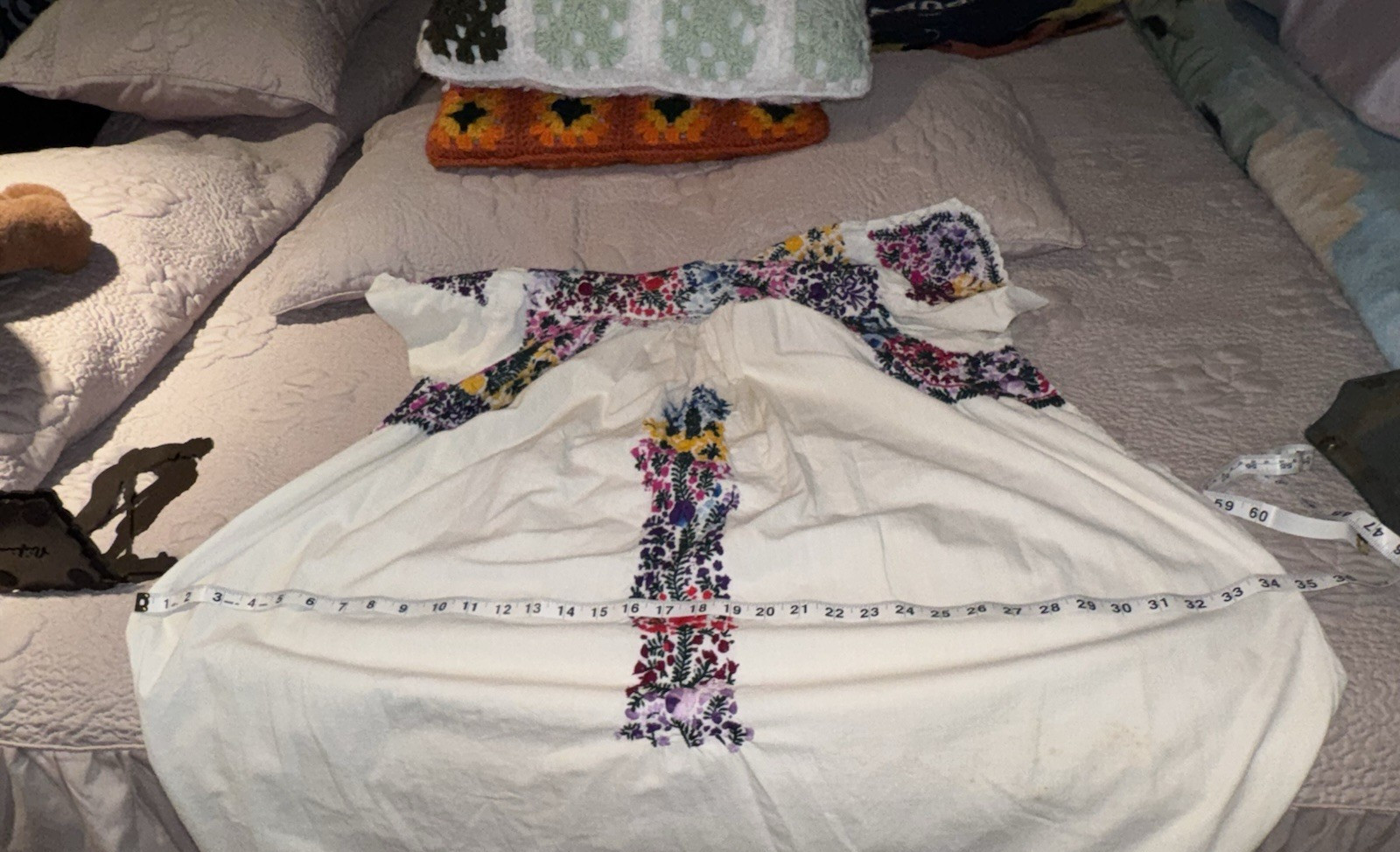 Vintage Oaxacan Mexican 70&rsquo;s Long Dress Off White Cotton Embroidered Floral Sz L