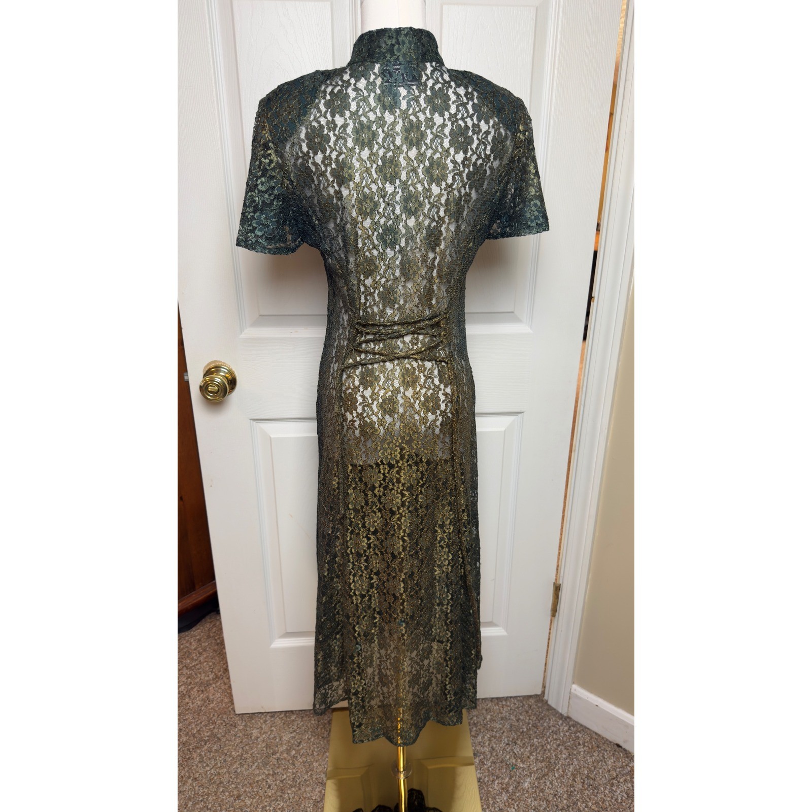 DBY Ltd VTG Y2K Green Gold Iridescent Lace Maxi Dress Button Front Sheer Duster