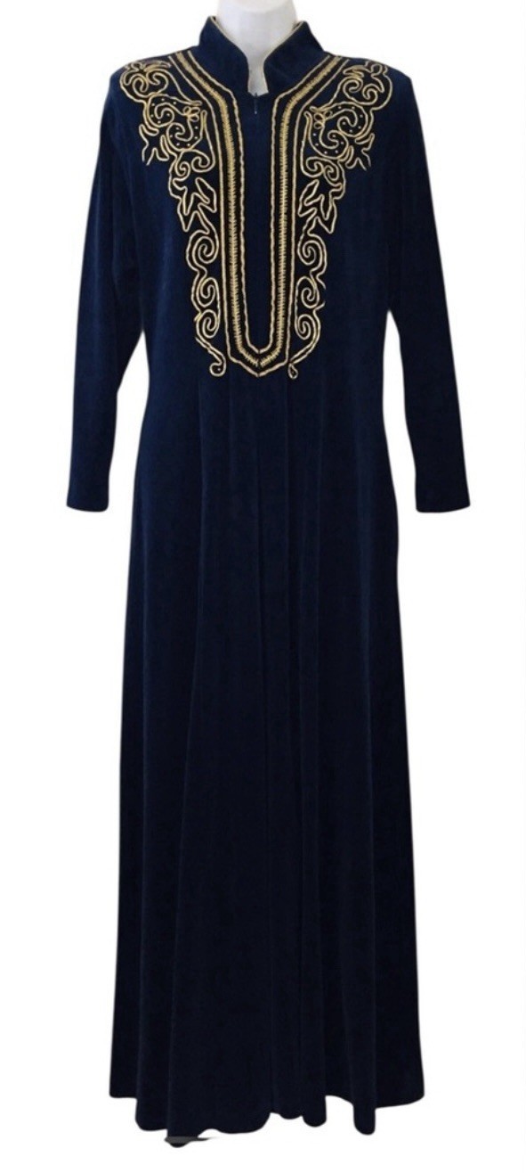 David Brown California 1970’s Dark Blue Velour Hostess Dress House Robe M USA