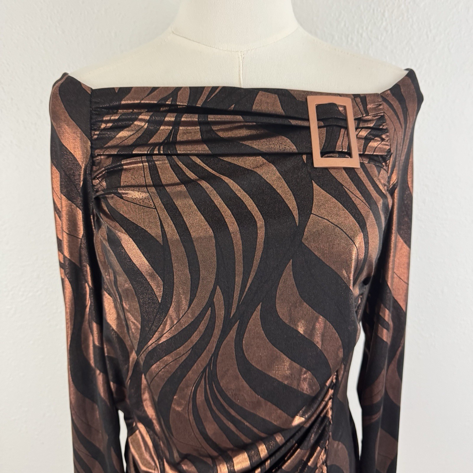 BALI Vintage 90s Brown Metallic Copper Swirl Ruched Stretchy Long Sleeve Top