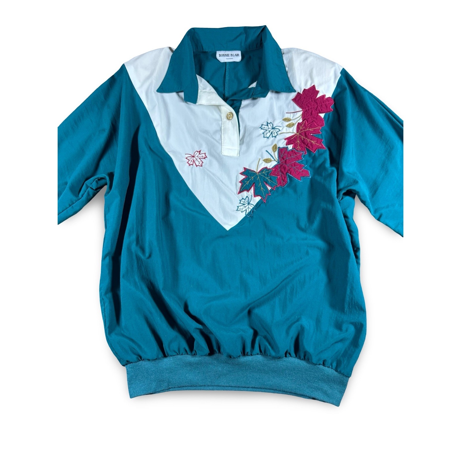 VTG Bonnie Blair 80s Size M Top Teal Embroidered Floral Design Retro 90s Fashion