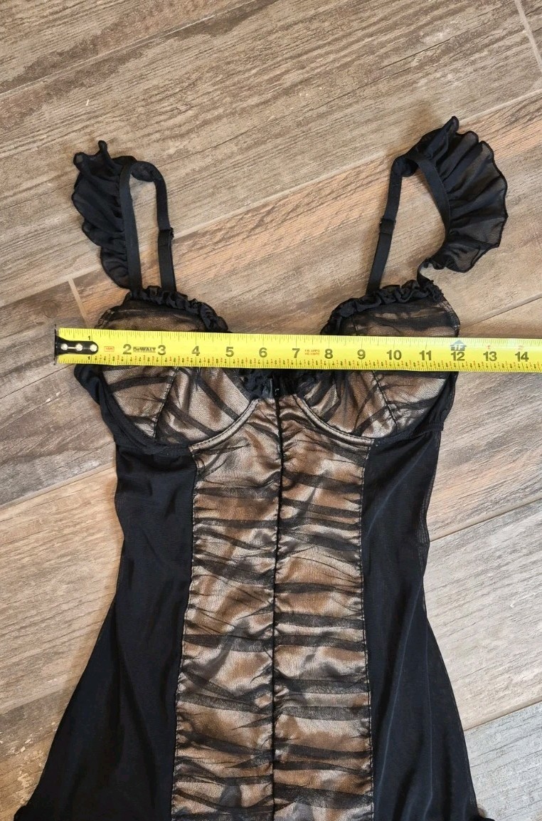 XS/S Vtg Frederick&rsquo;s of Hollywood Black & Gold Mesh Chemise Nightie Dress