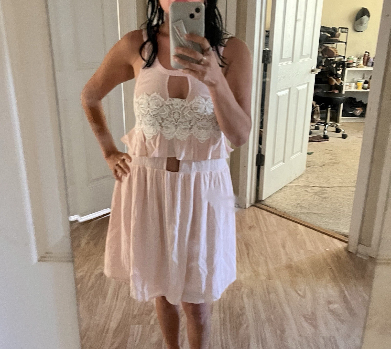 For Love & Lemons Pink Lace Ruffle Sleeveless Babydoll Dress Size S