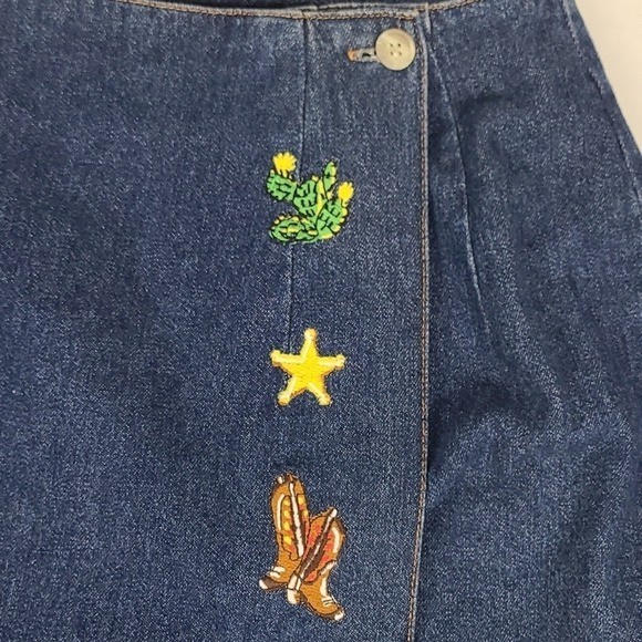 Y2K 90s Vintage 100% Cotton Denim Western Cowboy Boots Cactus Embroidered Skirt