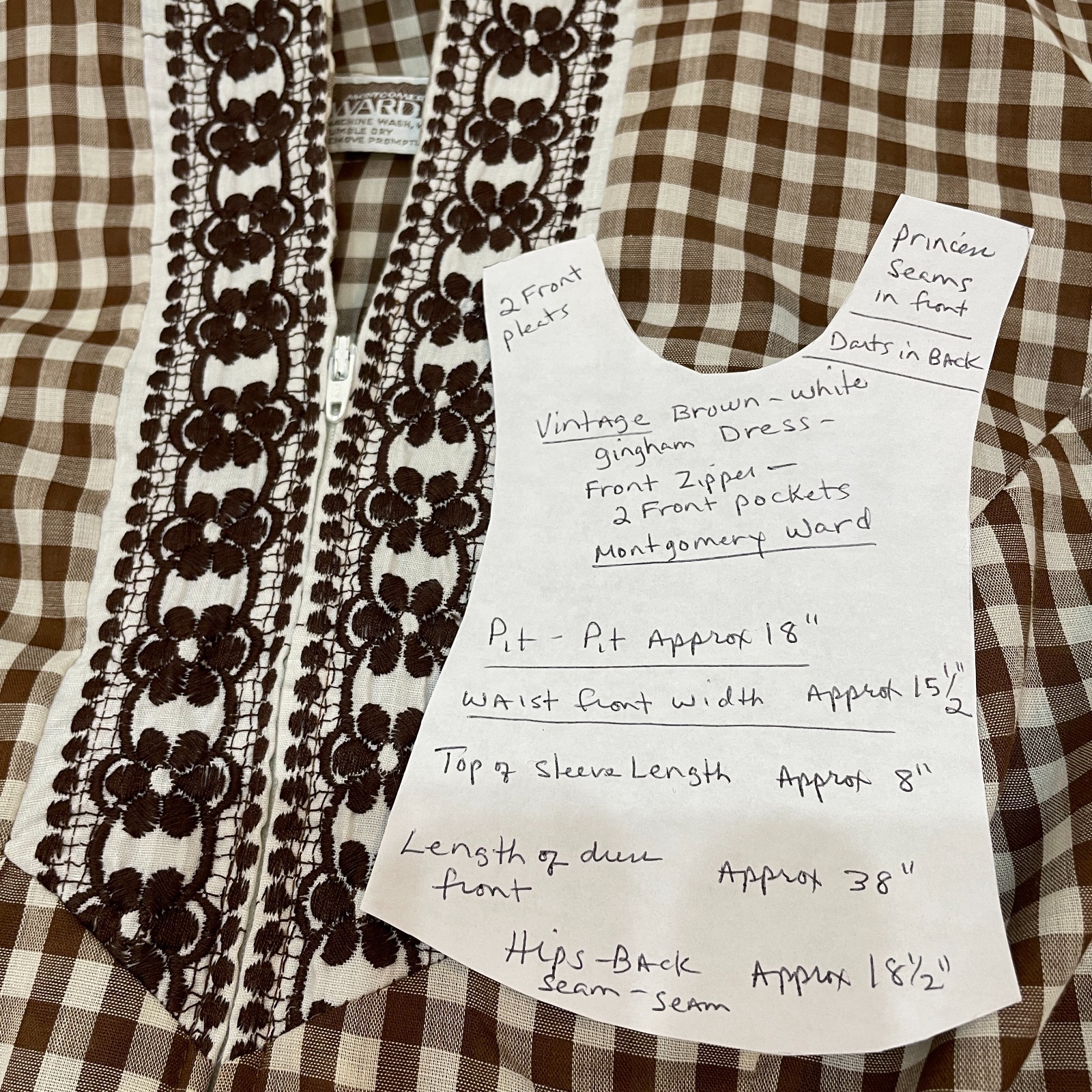 Vintage Brown White Gingham Dress Zip Up Embroidery Rockabilly Granny Core