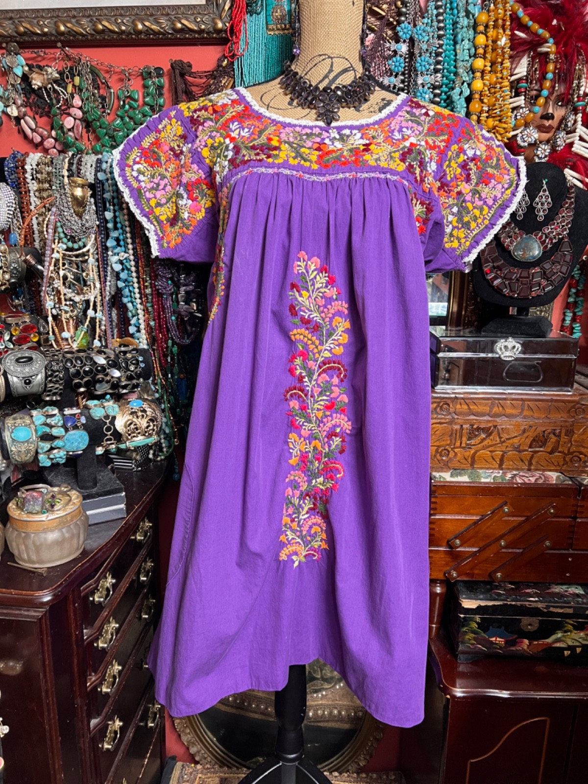 Beautiful Purple Mexico Oaxaca Multi Color Cotton Embroidery White Crochet L/XL