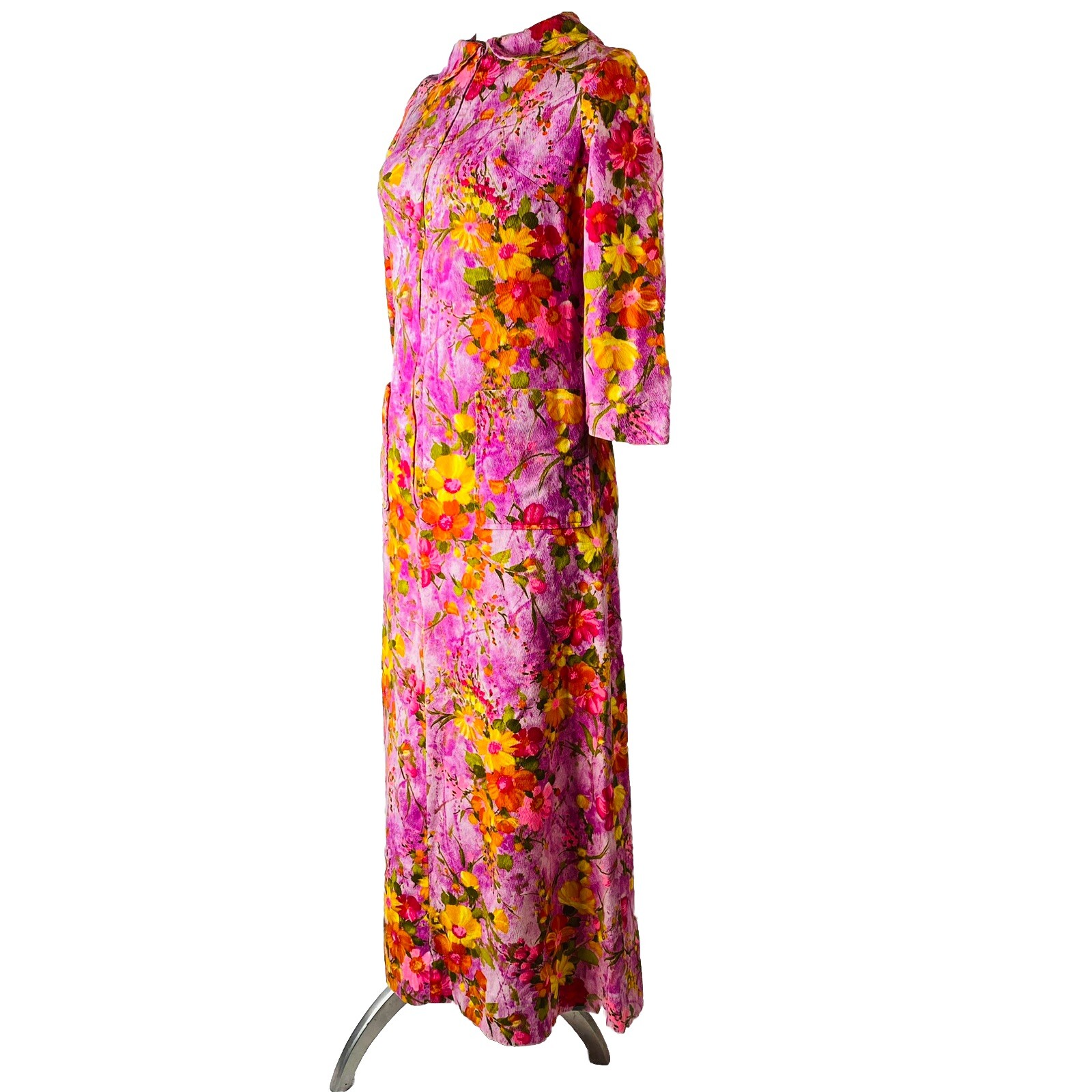 Vtg 60s 70s Midi Dress sz S Purple Floral 3/4 Sleeves Pockets Handmade Unbranded