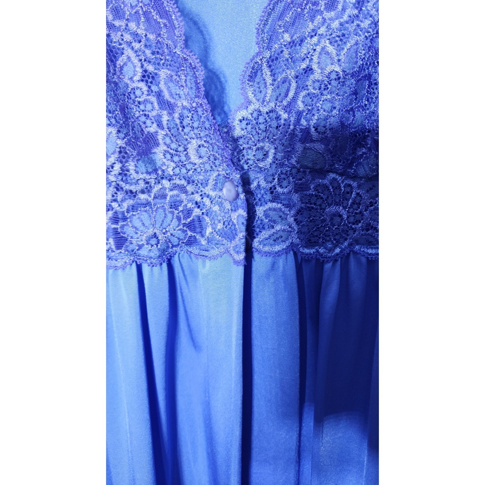Vintage Lace Trim Nightgown Robe Periwinkle Blue Flutter Sleeve Maxi 70s Style