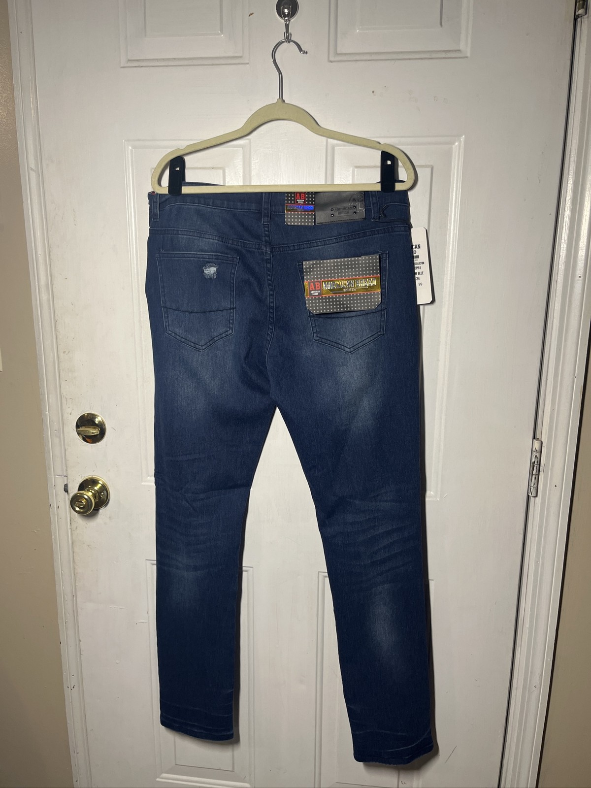 American Breed Men&rsquo;s Distressed Jeans Dark Blue Stretch Slim Fit Sz 34