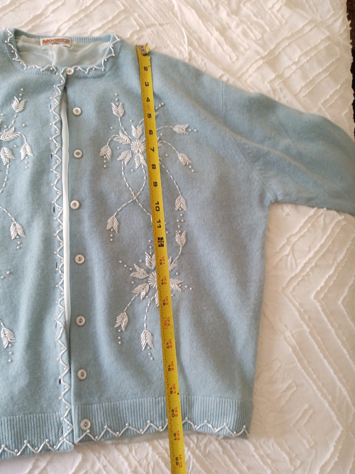 Vintage Moores Cashmere Cardigan Beaded Embroidered Powder Blue Pearl Trim Sweat