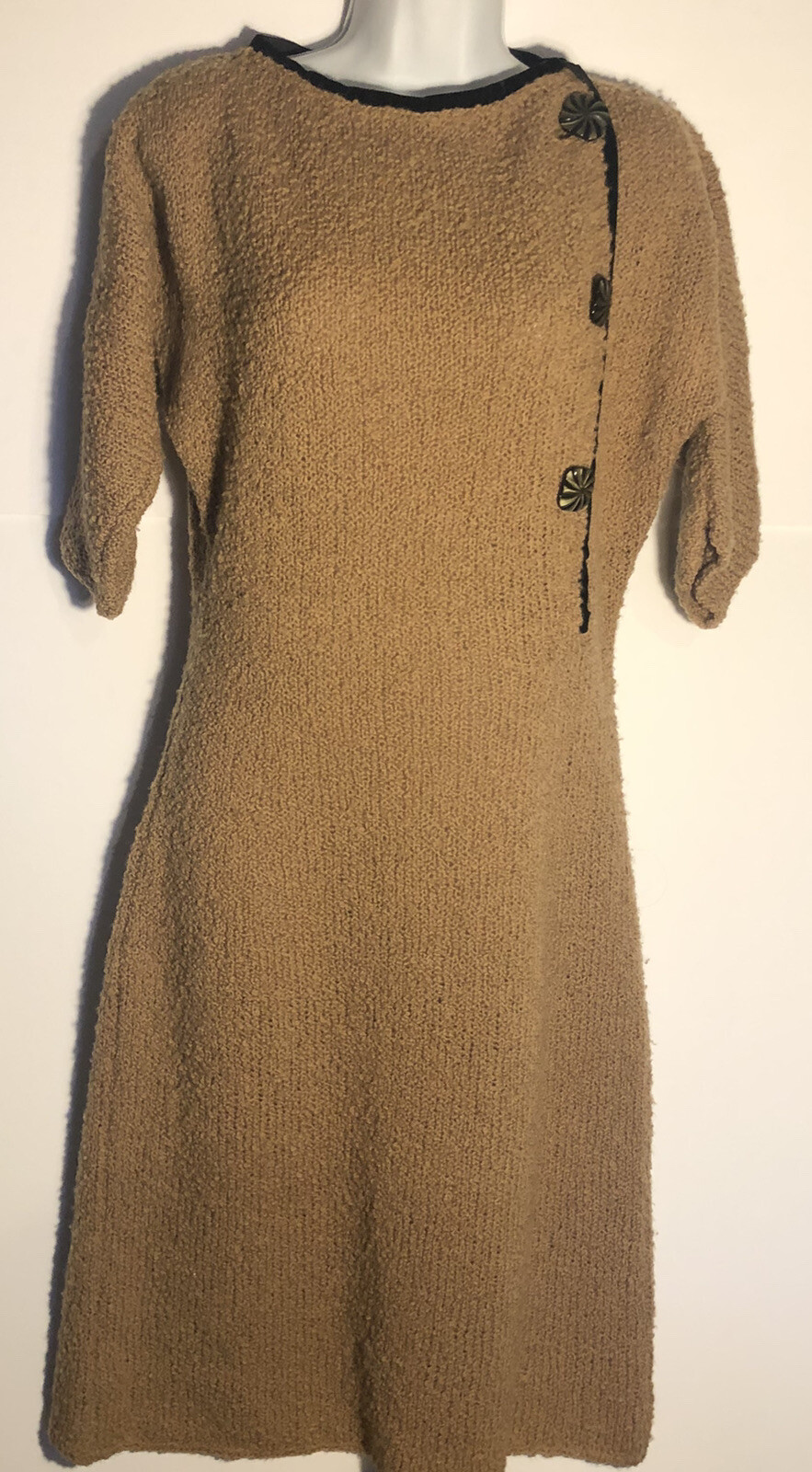 Vtg 60s Hand Knit Wiggle Dress Wool Boucle Brown Med-Lg