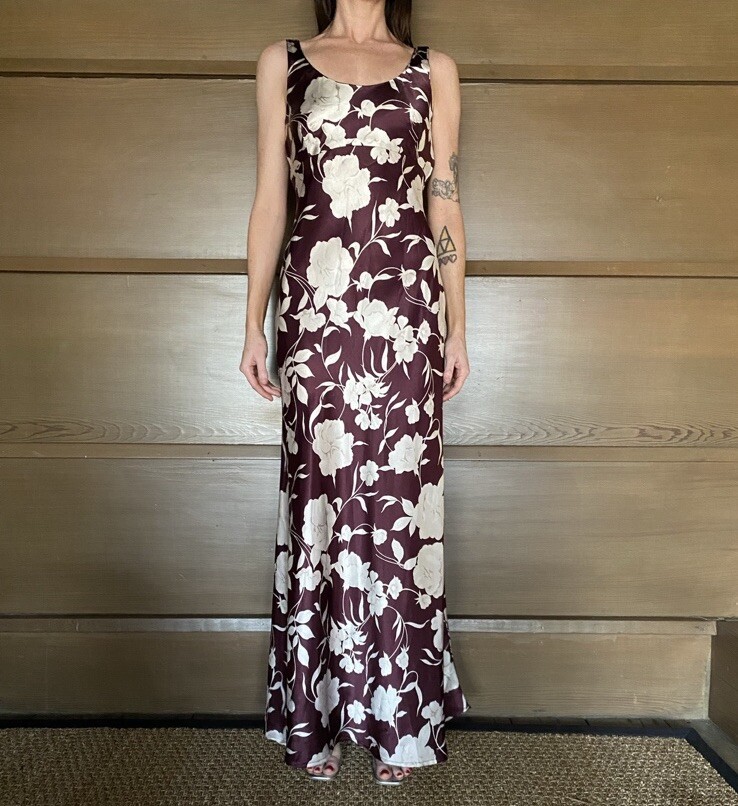 Vtg 90s Full Length Maxi Floral Plunging Back Lace Up Dress Gown Size S
