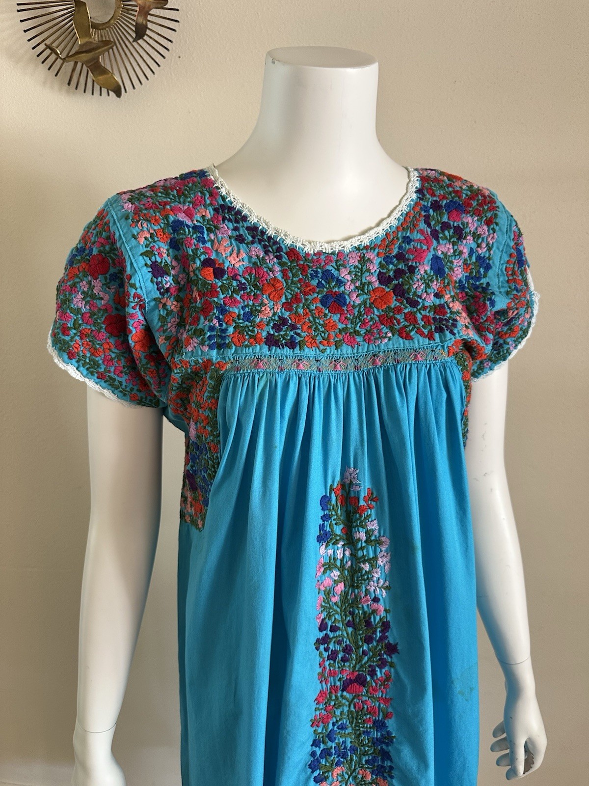 1970s Cotton Oaxacan Mexican Huipil Dress Embroidered Maxi STAINED AS IS Vintage