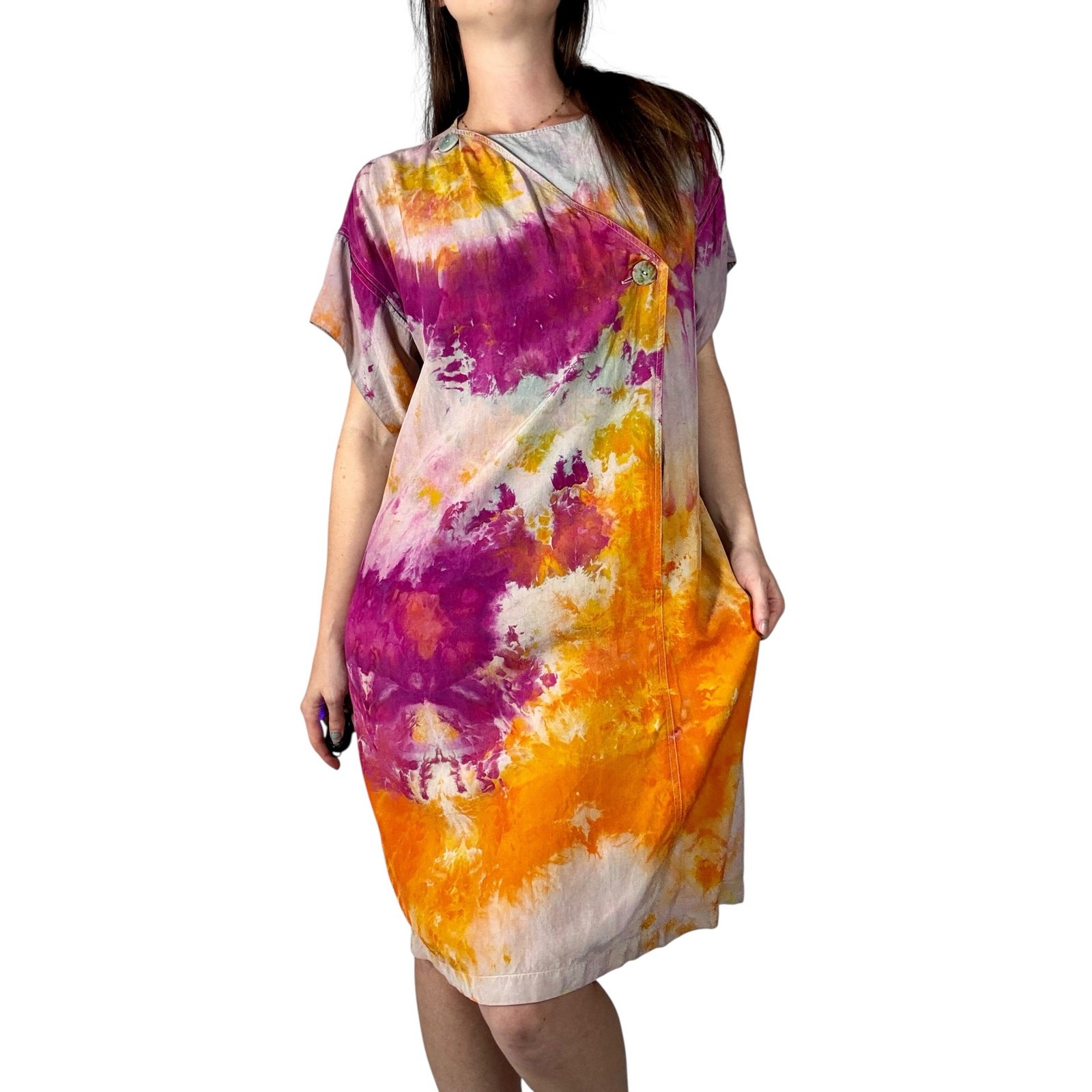 Hand Dyed Vintage 80s Lzinga Silk Shift Dress Orange Magenta Ice Dye Wood Button