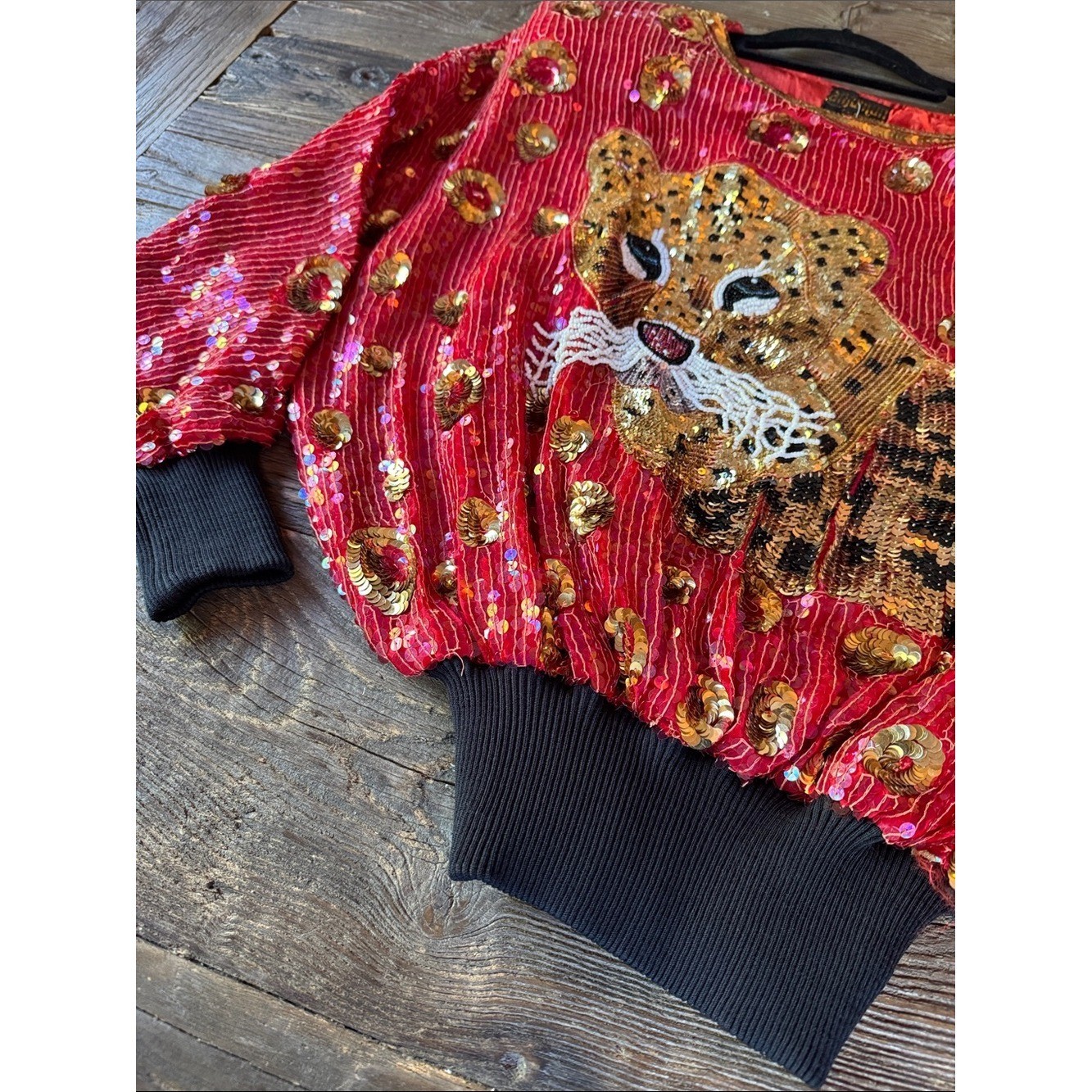 Anjumün 1980&rsquo;s vintage silk leopard sequin beaded embellished red top NWT Med