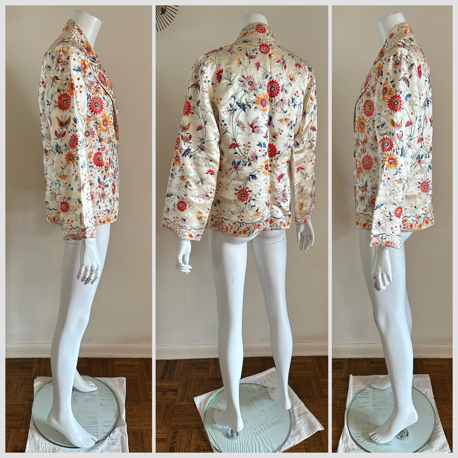 1920s 30s Silk Embroidered Export Piano Shawl Jacket Moth Floral Peking Knot VTG
