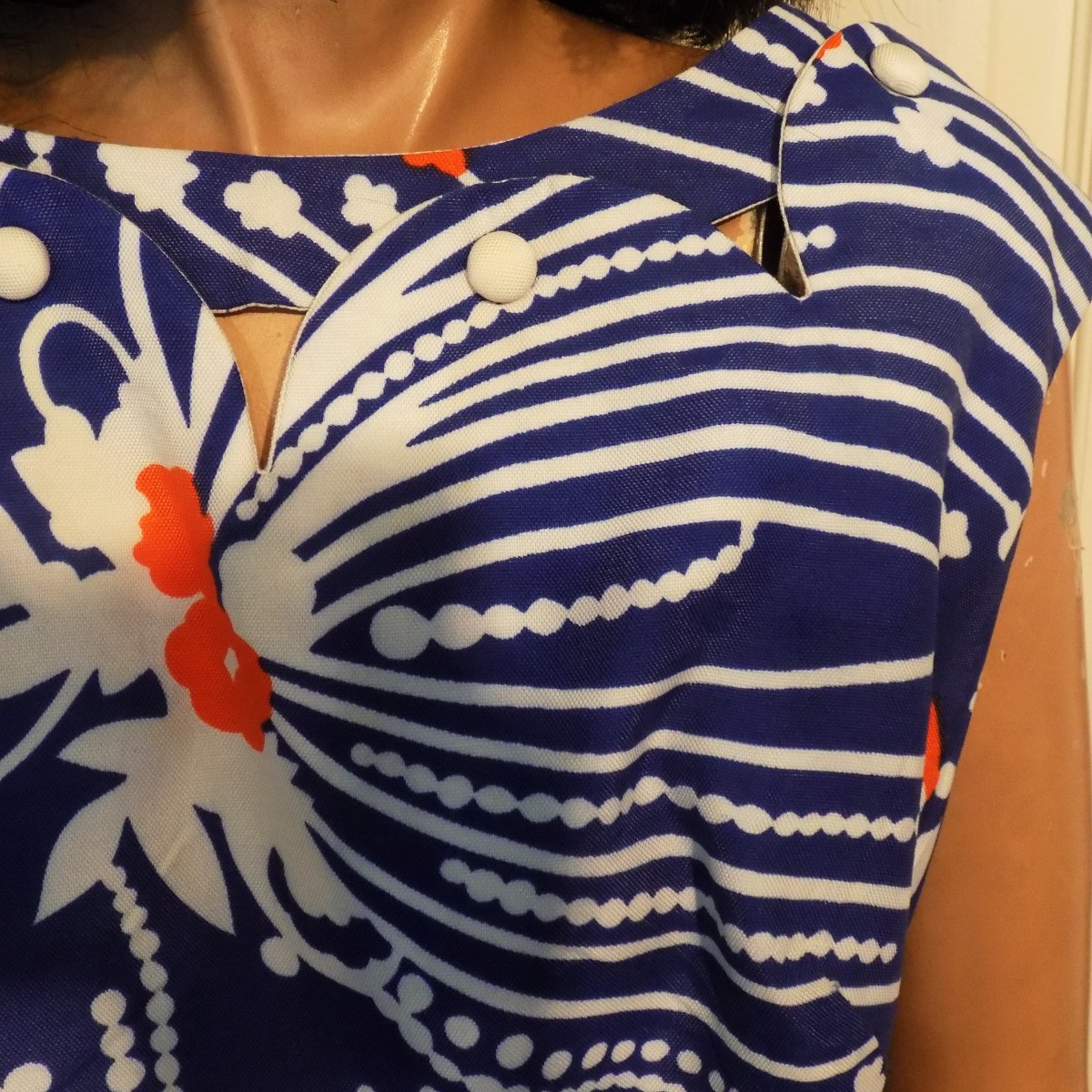 Vintage Red White Blue Cotton Shift Scalloped Neckline B46