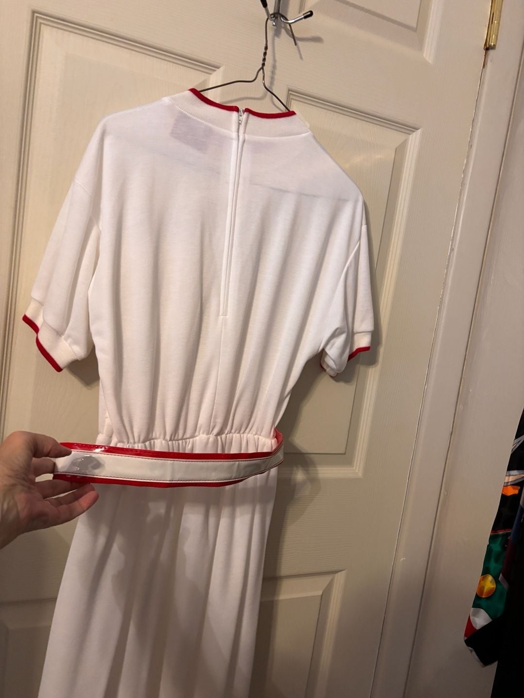 Vintage EJM Petite White Monogrammed Short Sleeve Dress with Belt