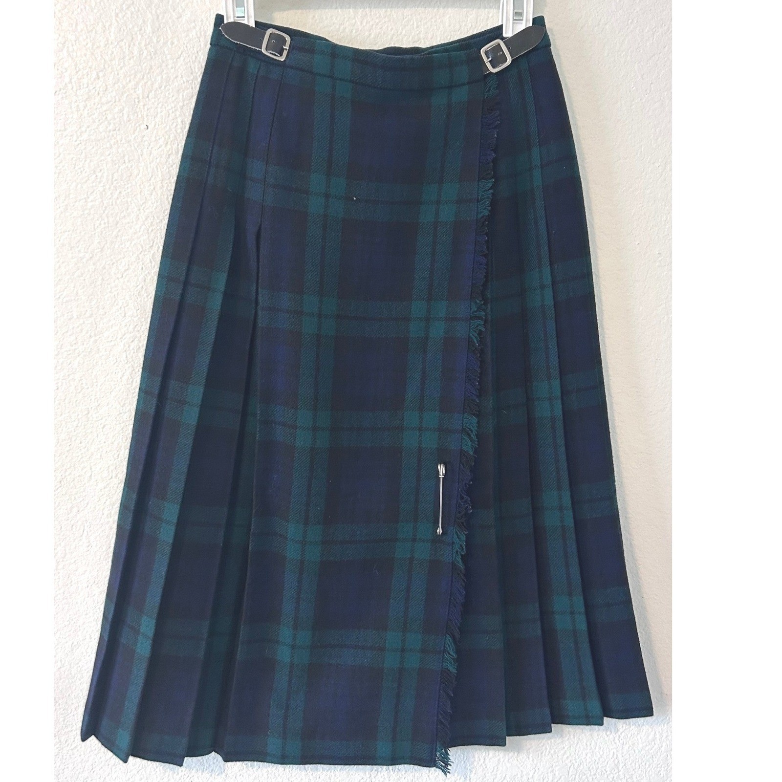 Vintage Wool Black Watch Plaid Kilt Skirt Green Navy Tartan Midi SZ S (4-6)