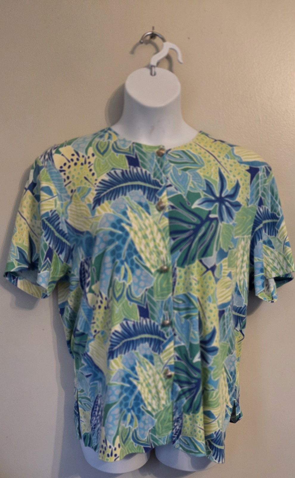 Vintage Peter Popovitch Hawaiian Collarless Button Up Shirt Top L