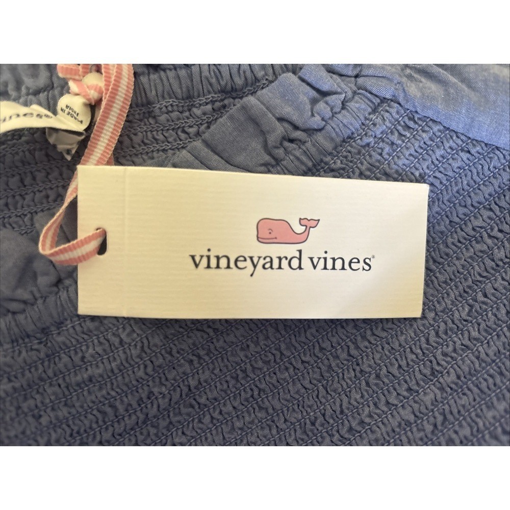 NWT Womens VINEYARD VINES Eyelet Smocked Top Chambray Blue Woven Size Large