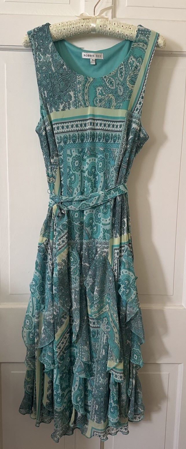 Vtg 90s Y2K Teal Turquoise Paisley Mermaid Midi Dress Chiffon Belted 16 Fairy