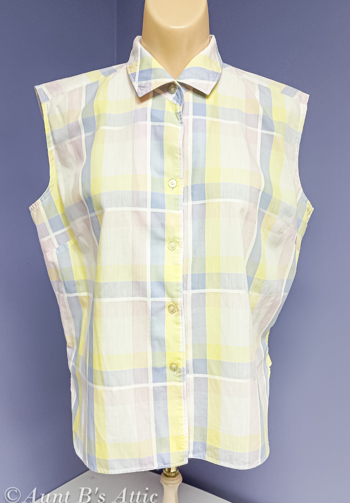 Vintage 50&rsquo;s-60&rsquo;s Ladies Joyce Lane Cotton Pastel Plaid Sleeveless Blouse Sz 38