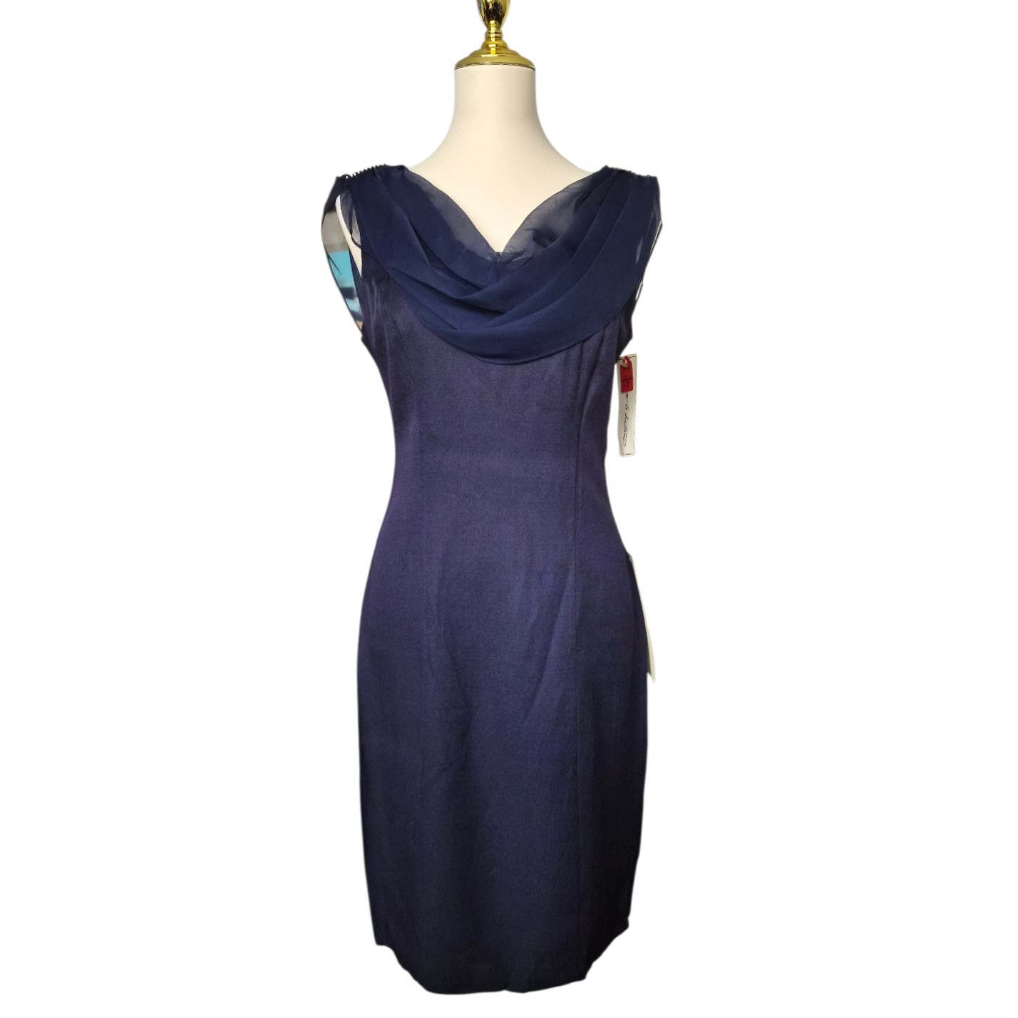 Laura Winston Navy Beaded Chiffon Dress Union Made USA NWT Rare Size 8