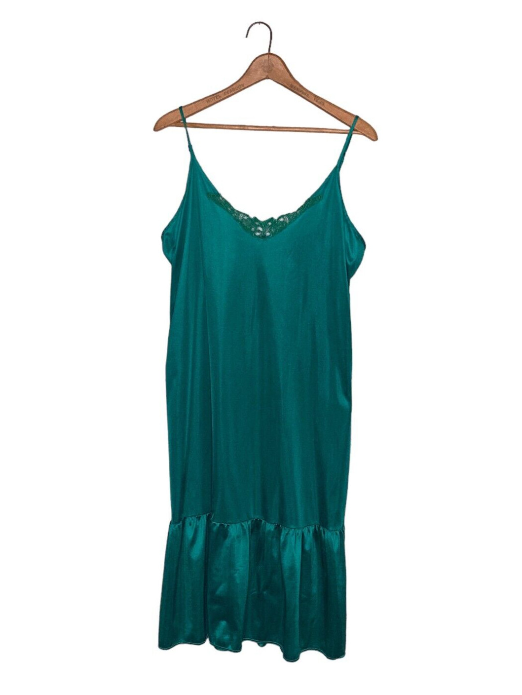 Vintage 80s Lady Cameo Dallas Plus 1X Green Drop Waist Ruffle Nylon Slip Dress