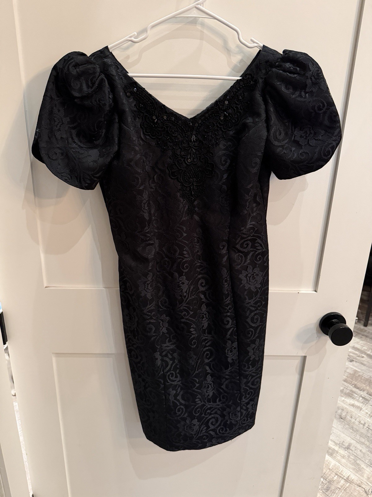 Vtg V Neck Dress Sz M/L 13/14 Black Puff Sleeve 80’s